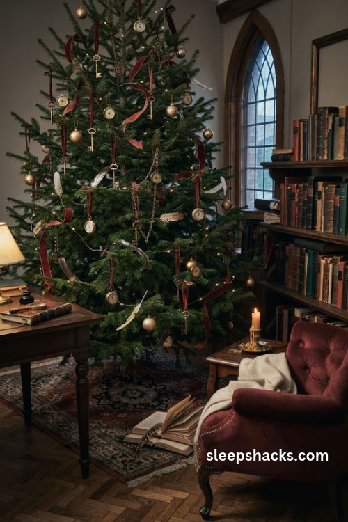 Dark academia christmas tree decorated with antique brass keys feather quills pocket watches and vintage charms