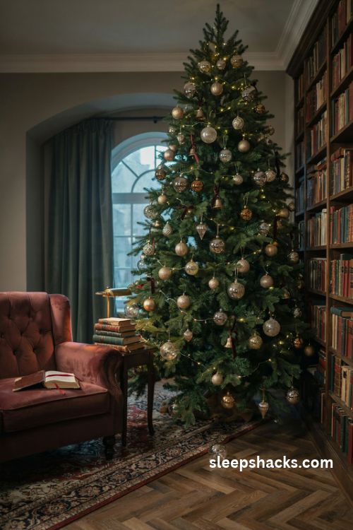 Dark academia christmas tree with antique brass ornaments gold rimmed baubles and vintage mercury glass decorations