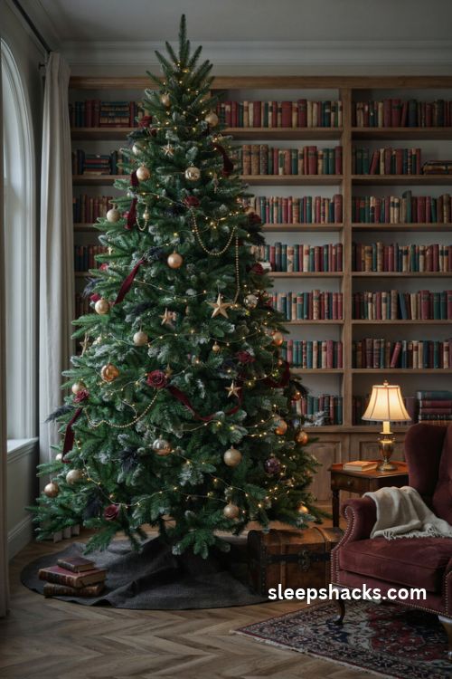 Dark academia christmas tree with deep green flocked branches burgundy dried roses black feathers and antique gold ornaments