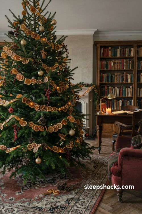 Dark academia christmas tree with dried orange slice garland pinecones cinnamon sticks and rustic vintage decorations