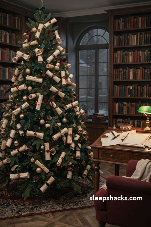 Dark academia christmas tree with handmade parchment scroll ornaments burgundy ribbons and antique wax seals