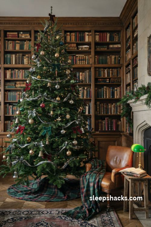 Dark academia christmas tree with muted tartan ribbon burgundy velvet bows and antique gold ornaments