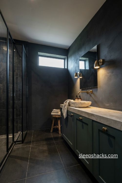 Dark bathroom ideas with charcoal walls forest green vanity and warm spa lighting