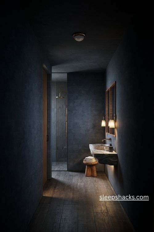 Dark bathroom layered lighting with warm wall sconces under vanity glow and charcoal walls