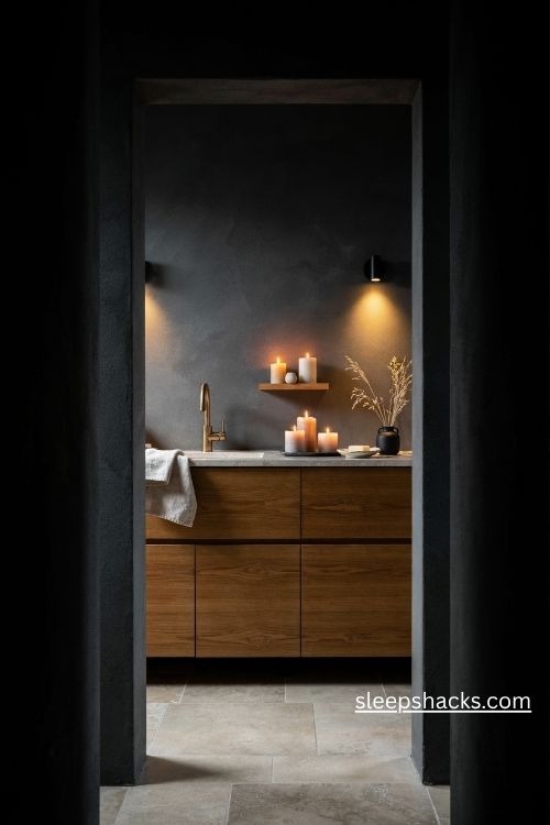 Dark bathroom with ivory pillar candles brass accents and moody charcoal decor