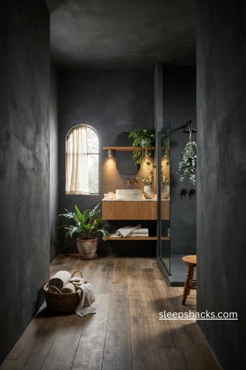 Dark bathroom with lush green plants pothos fern eucalyptus and charcoal walls
