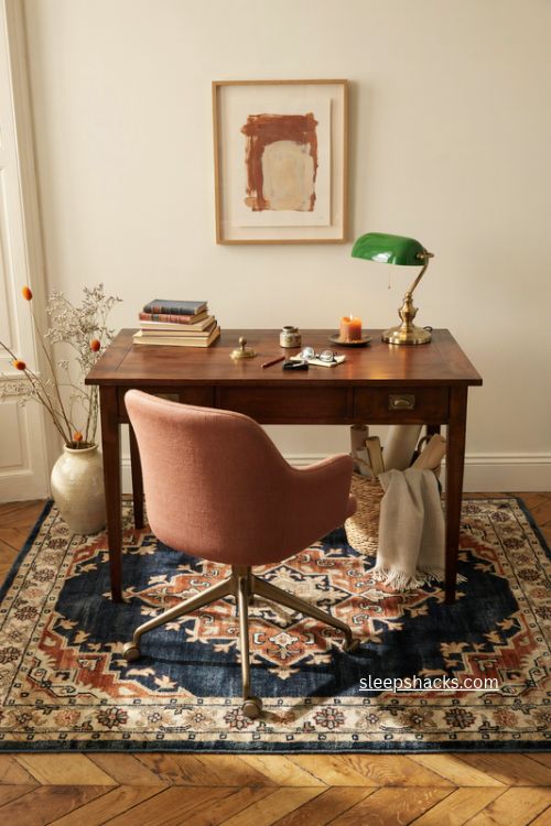 Dark blue home office with vintage rug tangerine accents and warm layered decor 