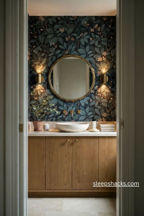 Dark botanical bathroom wallpaper with forest green leaves brass fixtures and warm wood vanity