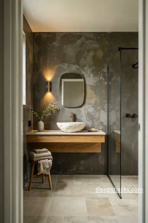 Dark charcoal limewash bathroom walls with textured plaster warm wood vanity and brass fixtures