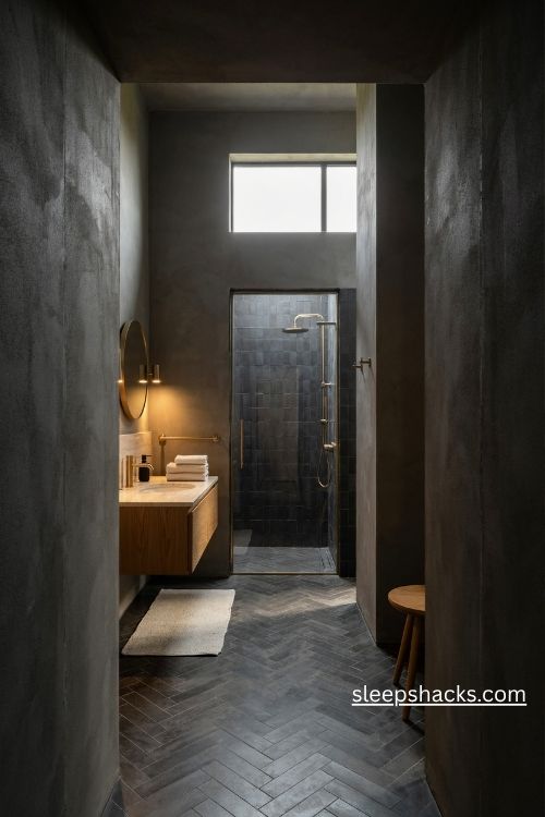 Dark herringbone bathroom floor with charcoal tiles warm walnut vanity and ivory bath runner