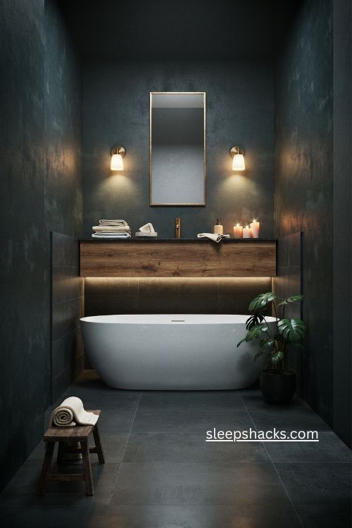 Dark moody Bloxburg bathroom ideas with charcoal walls and warm lighting