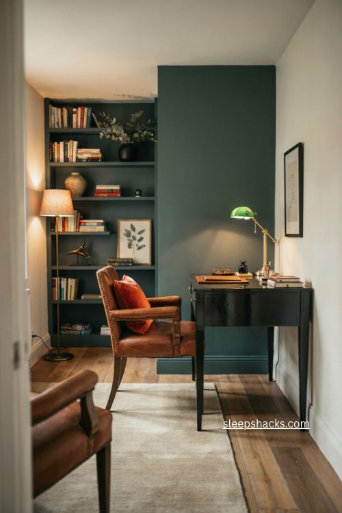 Dark moody home office with black desk charcoal green wall leather chair and brass accents 
