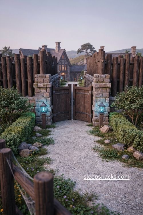 Dark oak fence with stone pillars Minecraft mansion ideas