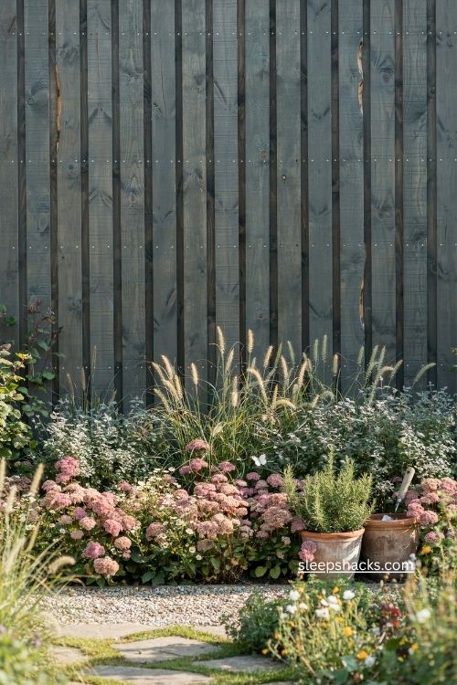 Dark stained fence with lush landscaping and a fresh cottage garden look