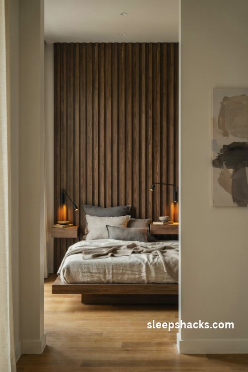 Dark walnut slat wood statement headboard wall in a small men's bedroom with warm lighting and neutral bedding