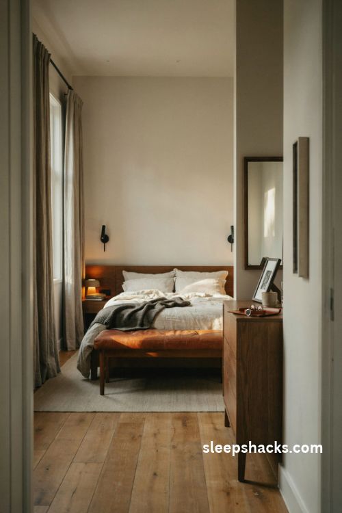 Dark wood and leather accents in a small men's bedroom with walnut furniture and ivory linen bedding