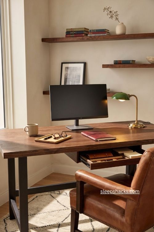 Dark wood desk with black tones for a masculine home office