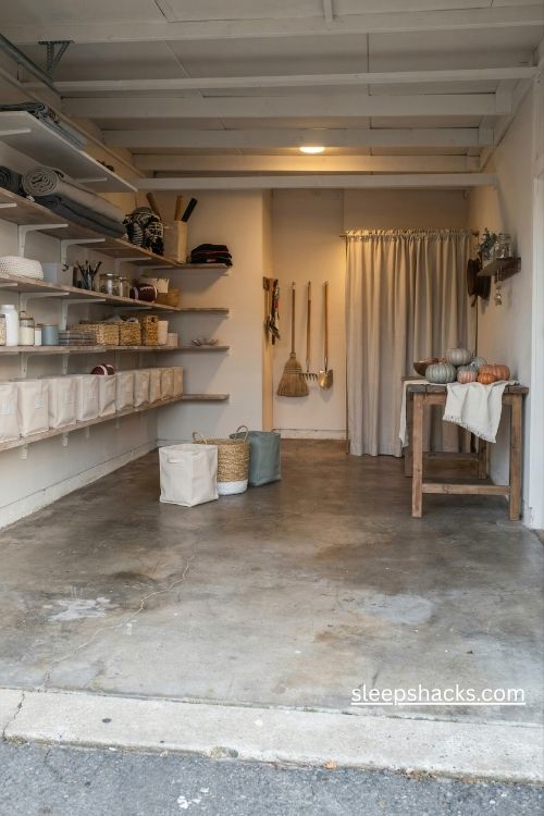 Decluttered thanksgiving garage setup with organized storage shelves hidden tools and a clean open floor