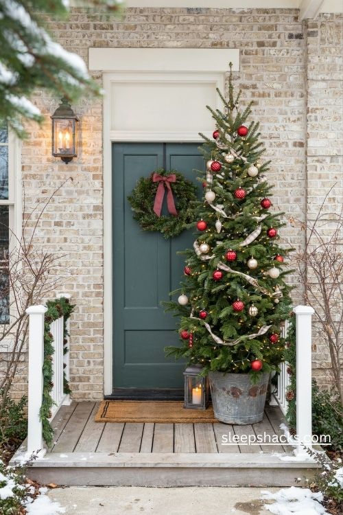 Decorated outdoor christmas tree in a cozy front porch planter with warm white lights