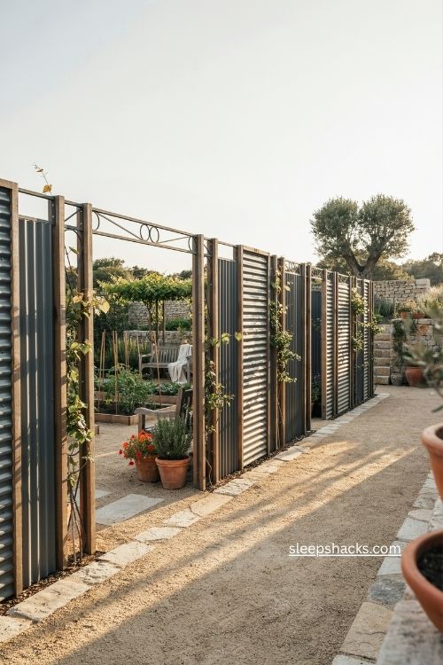 Decorative corrugated metal fence inserts with open wood and iron garden sections
