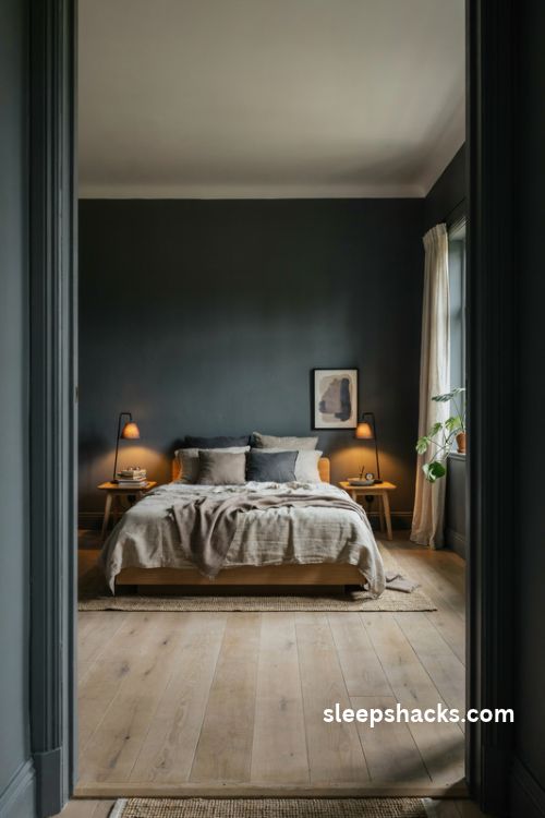 Deep charcoal and navy walls in a small men's bedroom with light bedding and natural wood furniture