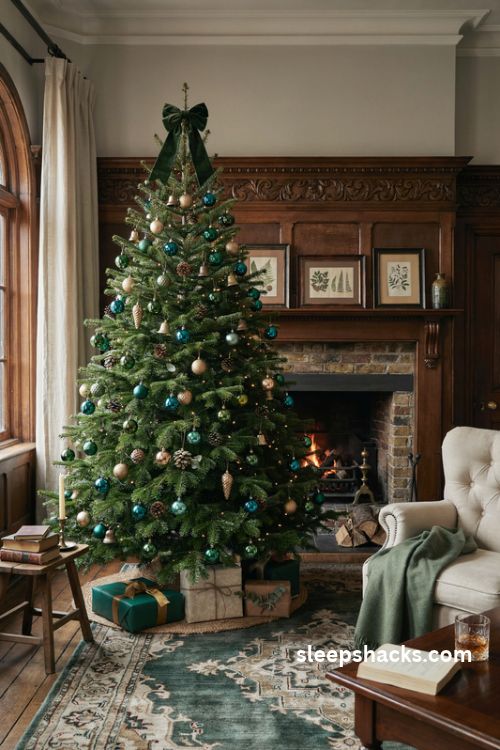 Deep emerald and antique gold christmas tree with velvet bows vintage glass ornaments and elegant traditional decor