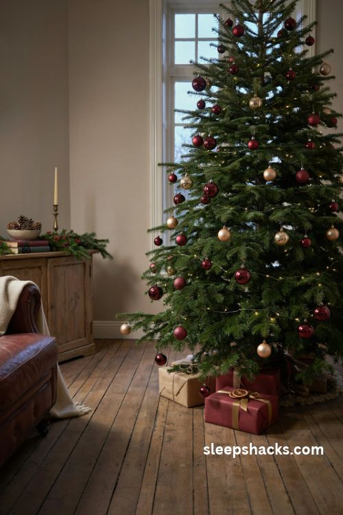 Deep green Christmas tree with rich maroon and burgundy ornaments