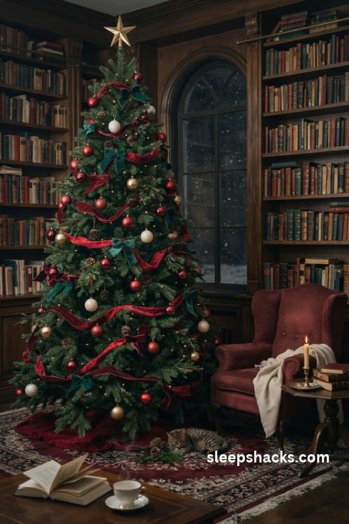 Deep green and burgundy christmas tree with velvet ribbons and antique gold ornaments in a dark academia living room