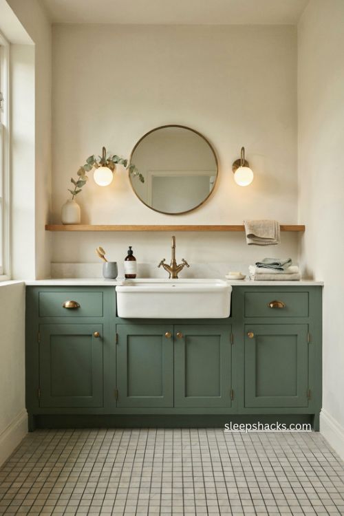 Deep green bathroom vanity with brass pulls farmhouse sink and round mirror