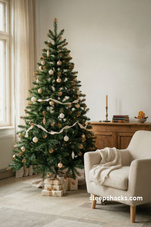 Deep green christmas tree with gilded gold branch tips and ivory ornaments