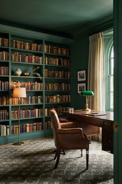 Deep green painted walls in a cozy masculine home office