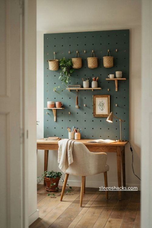Deep green pegboard wall with practical storage in a cozy home office