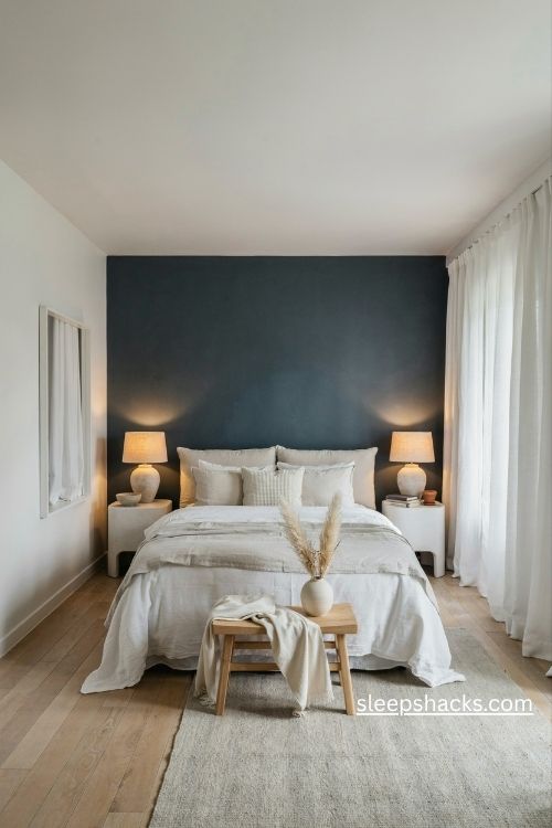 Deep grey feature wall behind the bed with crisp white bedding and light curtains