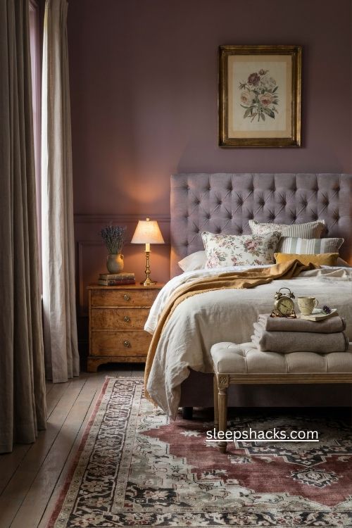 Deep plum bedroom ideas with tufted bench brass accents and vintage paneling