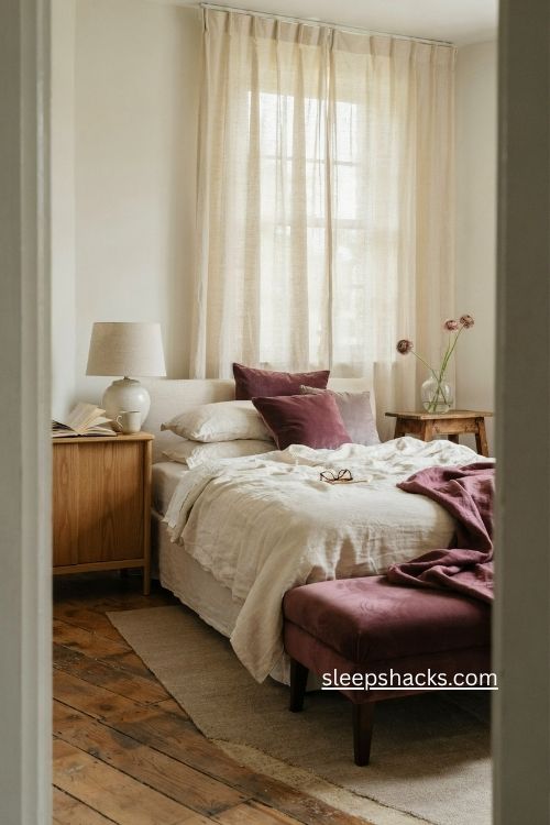 Deep purple accents layered over neutral bedding in a cozy elegant bedroom