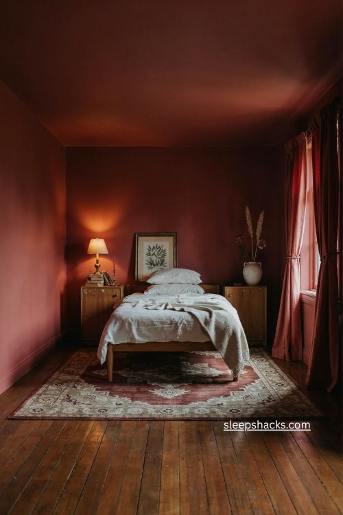 Deep red bedroom colour ideas with color drenched walls and warm wood