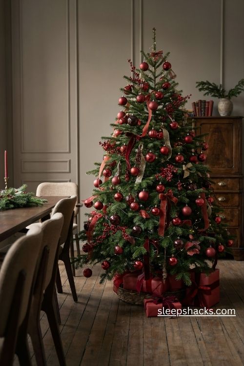 Deep red monochrome Christmas tree with burgundy ornaments and velvet ribbons