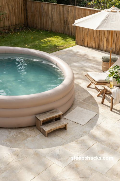 Deep soak inflatable pool for adults with tall walls and relaxing backyard setup