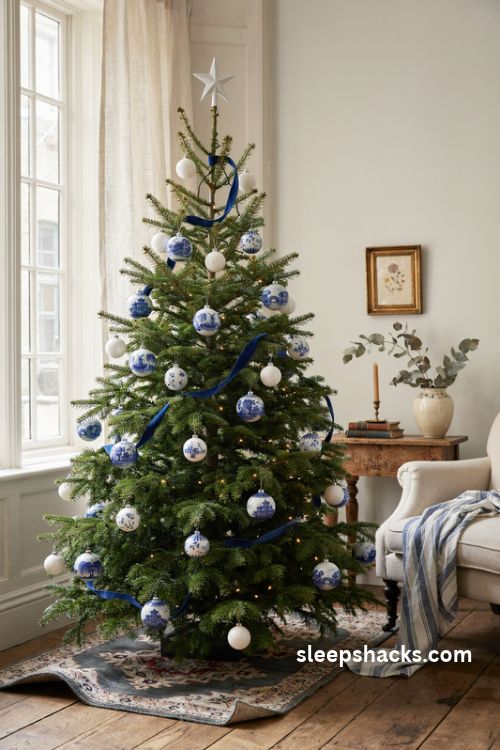 Delft and willow pattern Christmas tree with cobalt blue landscape ornaments and white baubles