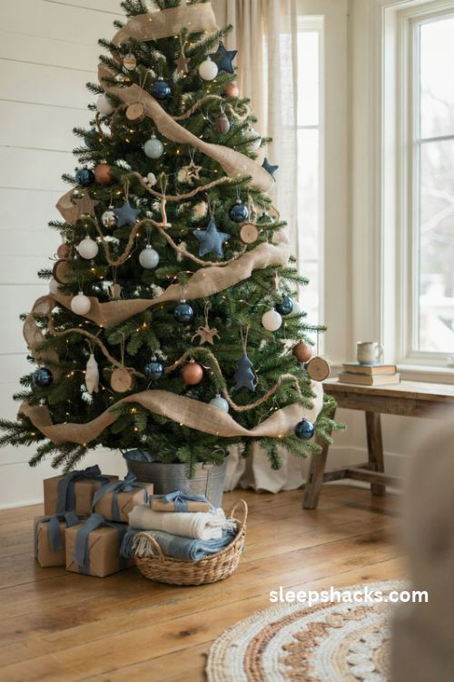 Denim blue and burlap farmhouse Christmas tree with wooden ornaments galvanized bucket collar and rustic ribbon