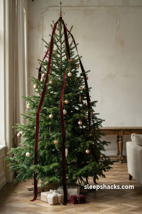 Designer christmas tree with cascading burgundy velvet ribbon waterfalls