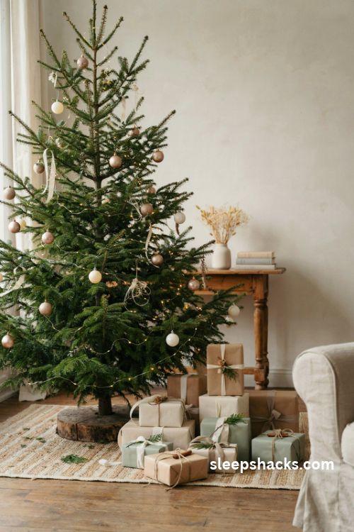Designer christmas tree with coordinated kraft cream and sage green gift wrapping