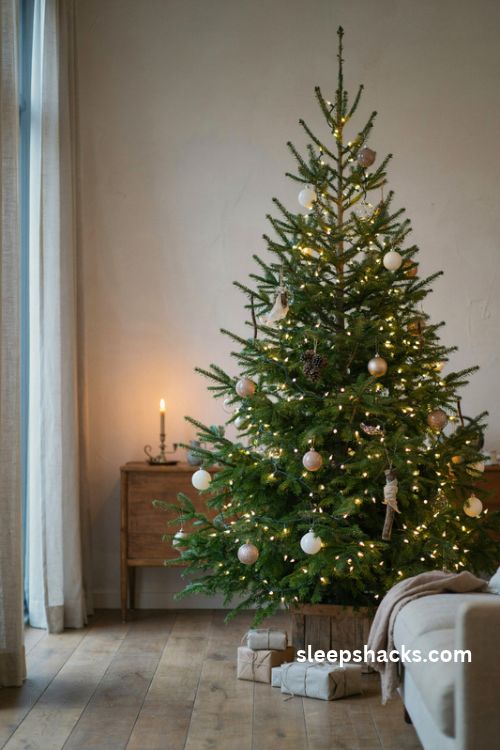Designer christmas tree with deep set warm white lights and glowing evergreen branches