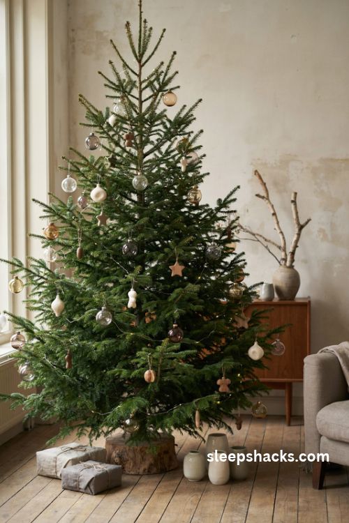 Designer christmas tree with handmade glass ceramic and carved wooden ornaments
