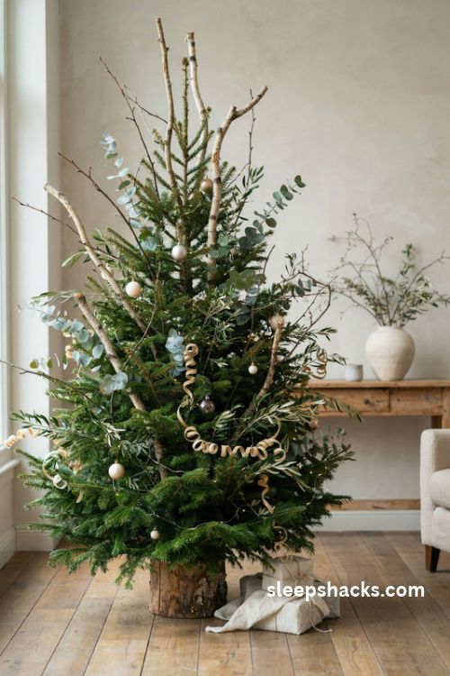Designer christmas tree with natural birch branches eucalyptus and sculptural foraged accents