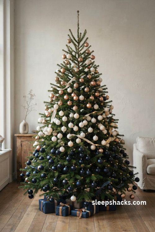 Designer christmas tree with navy ivory and antique gold color block ornaments