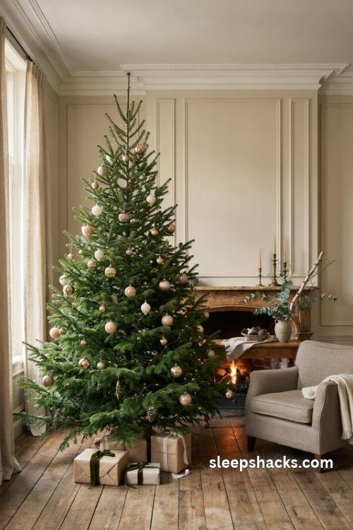 Designer christmas tree with oversized gold ornaments and elegant neutral living room decor