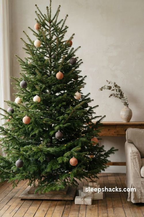Designer christmas tree with oversized matte cream terracotta and charcoal ornaments