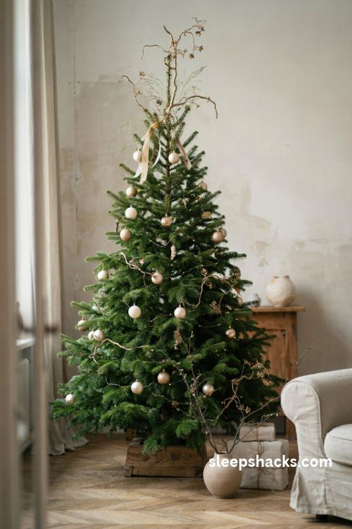 Designer christmas tree with sculptural gold branch topper and natural dried grasses