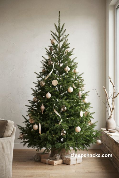 Designer christmas tree with sparse ornaments and elegant gallery style negative space